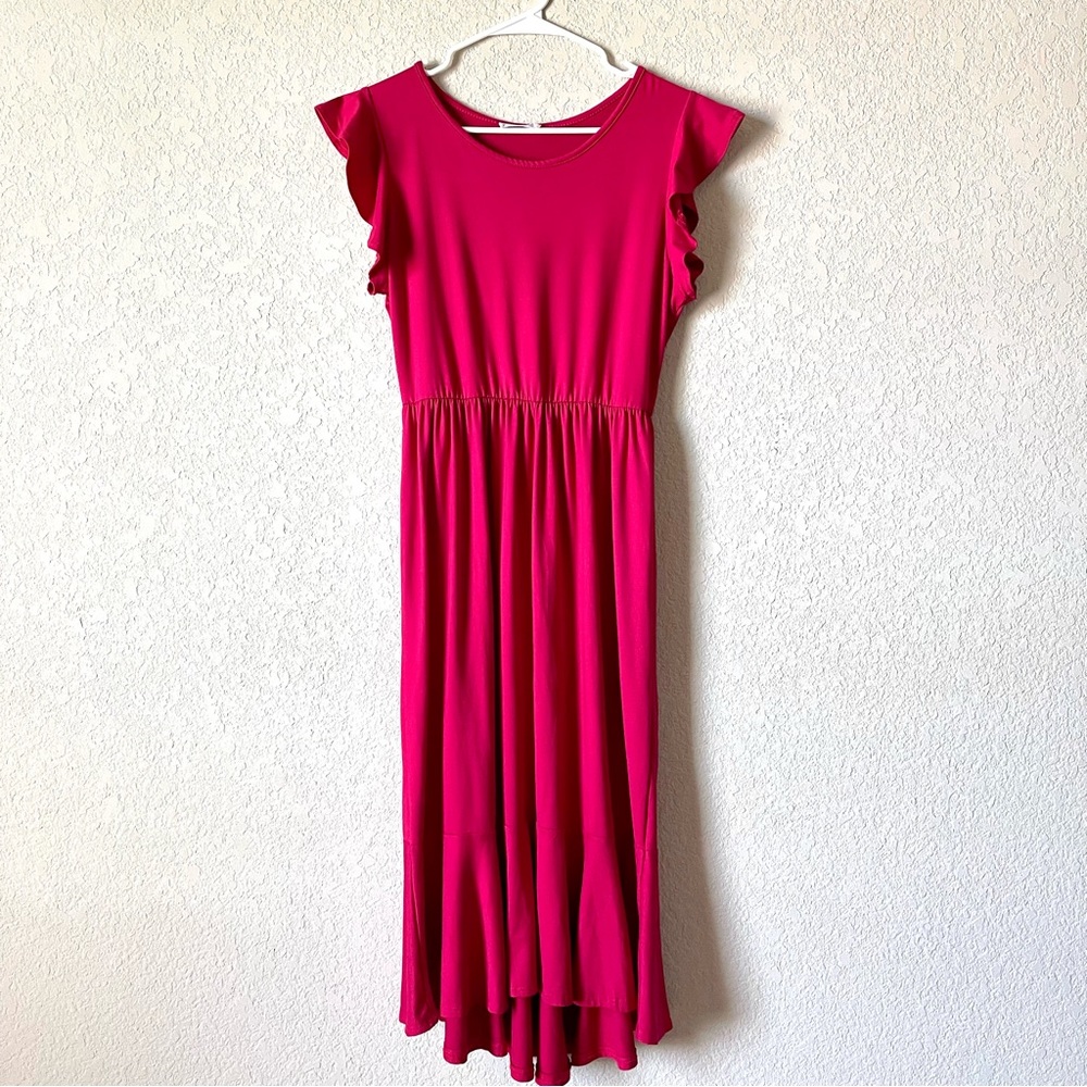Reborn J Red Ruffle Midi Dress Women Size Medium Modest Stretch Jersey Patriotic